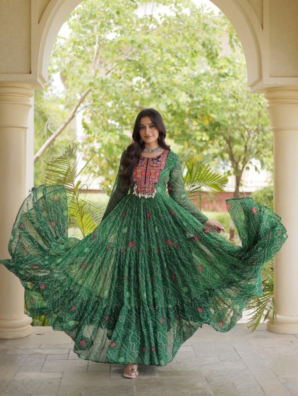 Green Dress Chiffon Bandhani Anarkali Indian Ethnic Gown Navratri Garba Dress